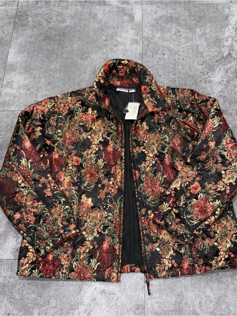 1990s NWT Chico's Black Floral Quilted Jacket with Red & Green Accents